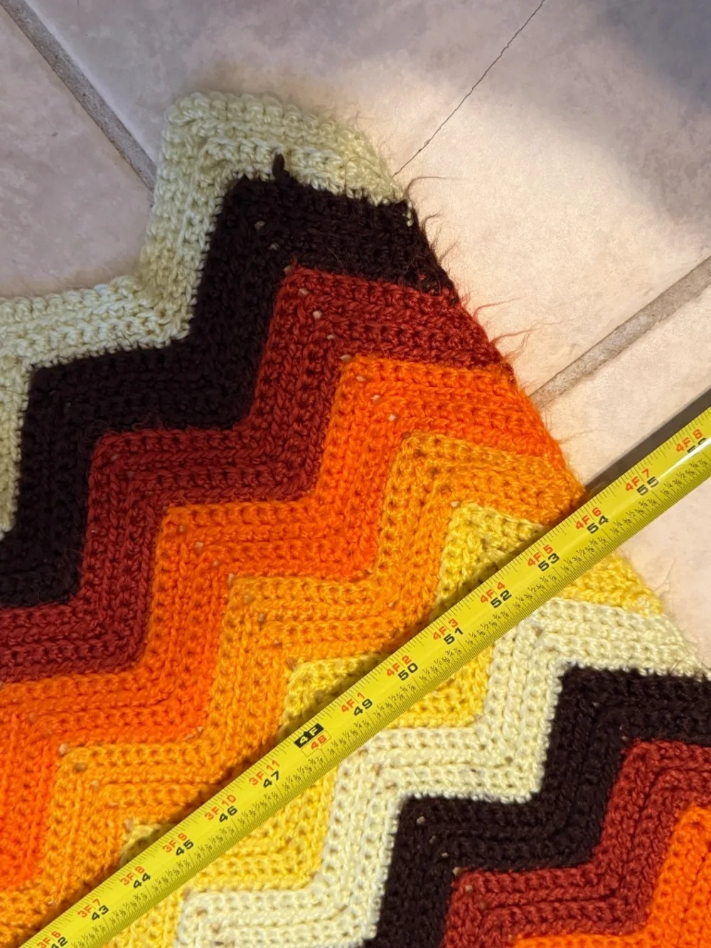 Vintage Handmade Crochet Afghan Blanket Sunset Earth Tone Chevron Zig Zag Large